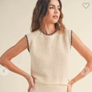 Cream Crochet Tank woven Top black stitching, embroidered trim